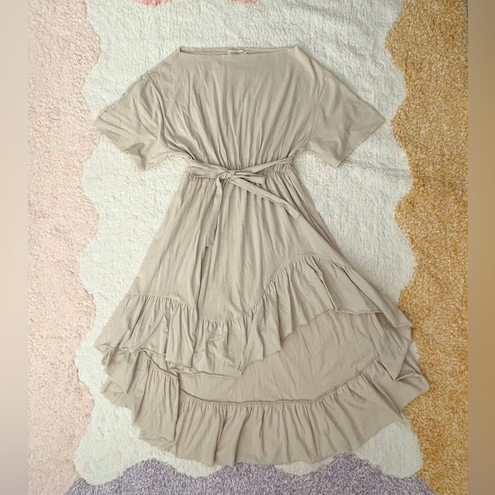 LILI SEDONIO MOLLY BRACKEN Cream Cotton Knit T-Shirt Ruffle Maxi Dress S/M